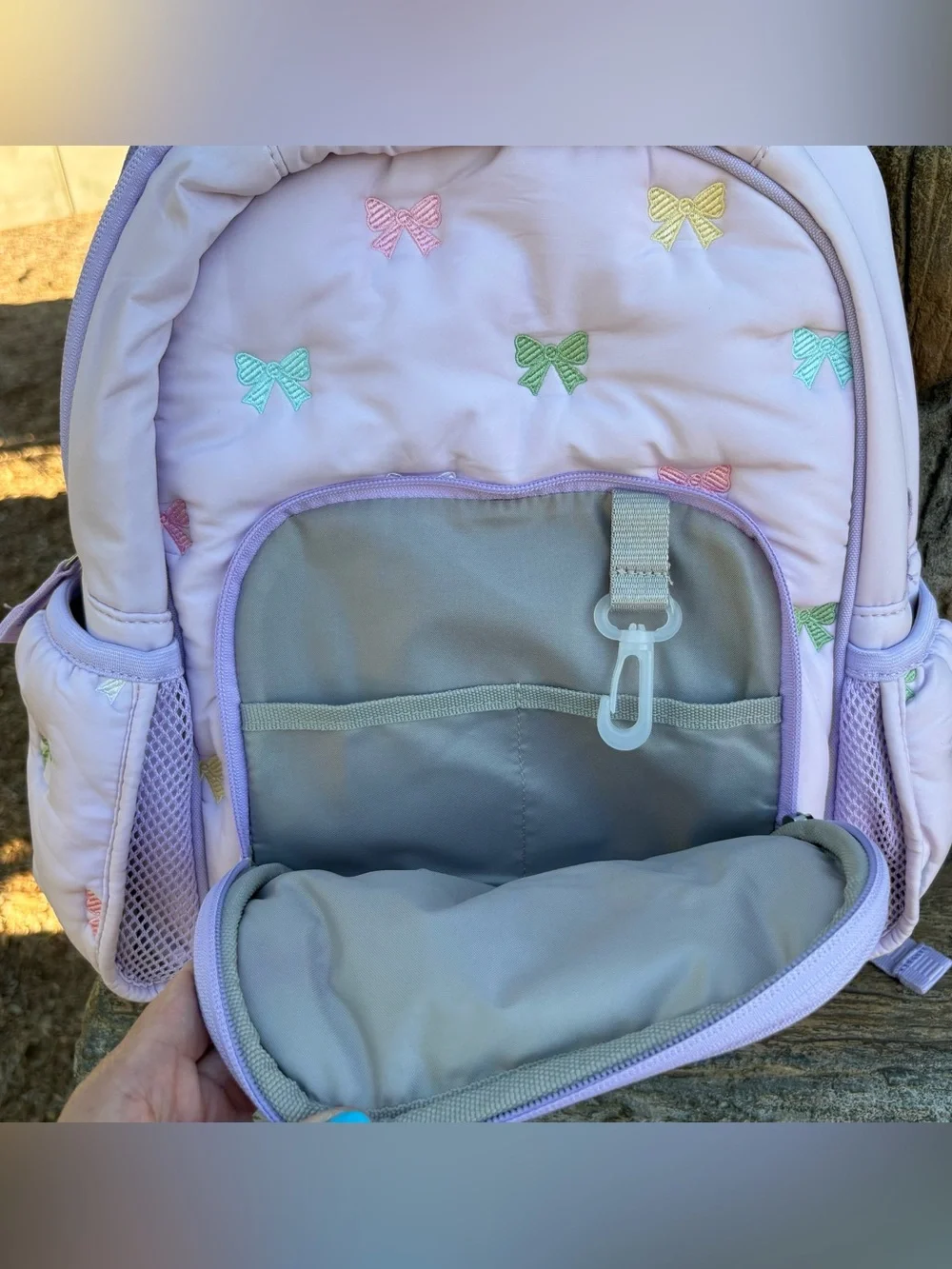 New Pottery Barn Mackenzie Puffer Lavender Bows Backpack Size Small